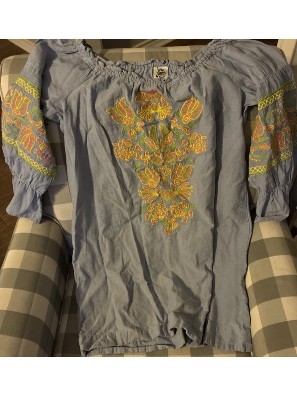 Ivy Jane Womens Boho Dress Blue Chambray Embroidered Off Shoulder Tunic Size L